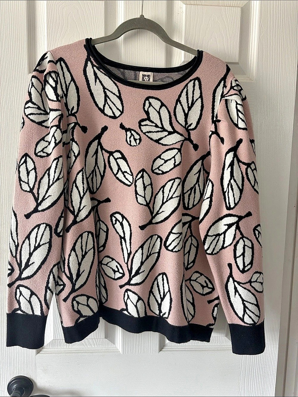 Anne Klein Puff Sleeve Jacquard Leaf Print Sweater Pink & Black XL